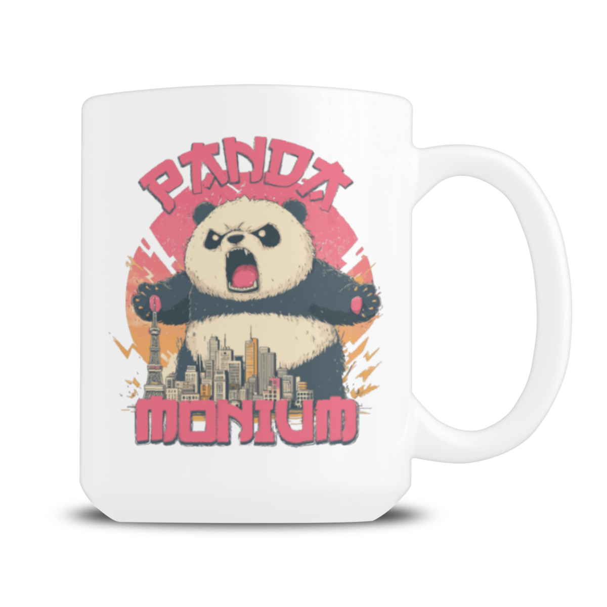 A white ceramic mug featuring a retro-style graphic of an angry panda with the text 'PANDA MONUM' in pink and orange.
