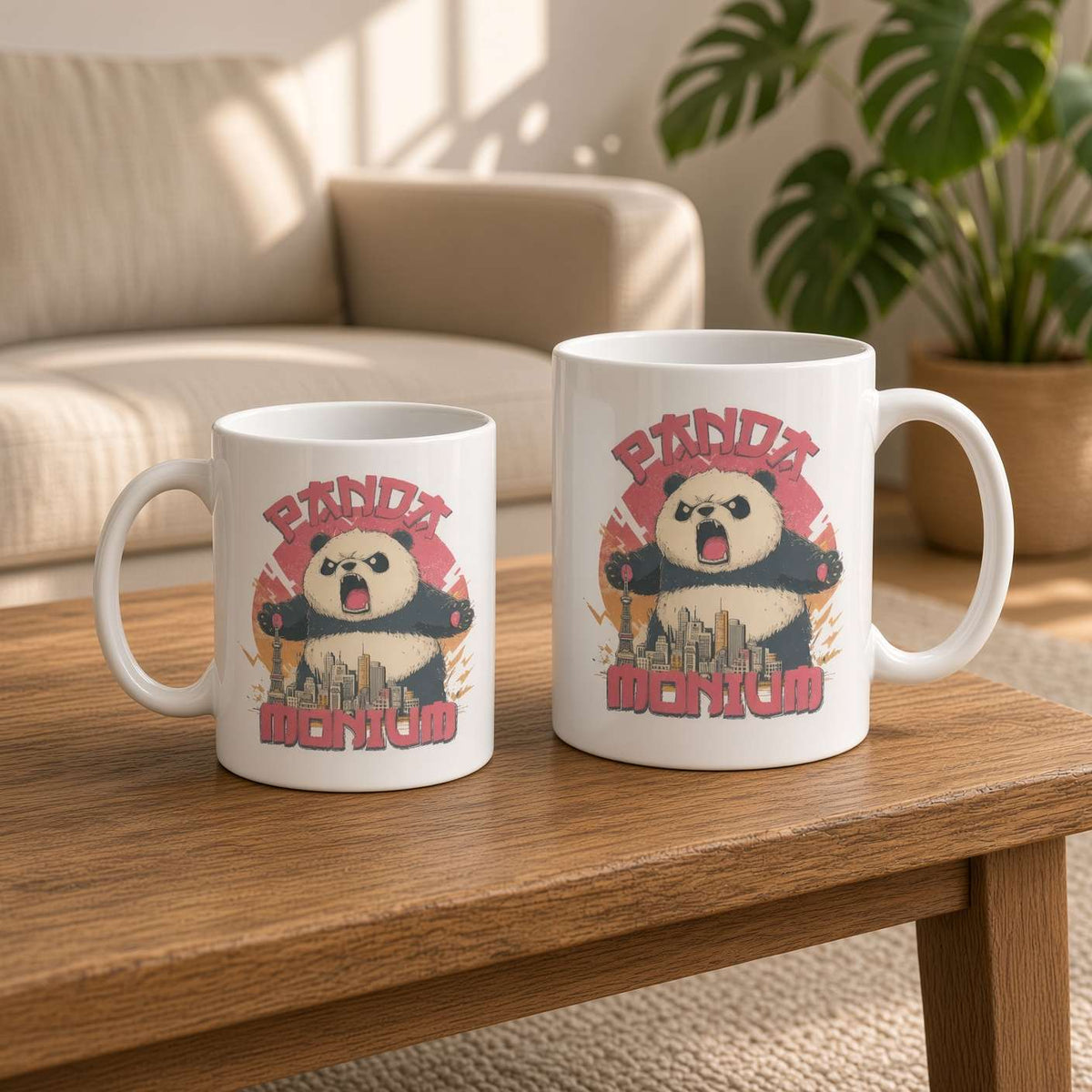11oz and 15oz white ceramic Pandamonium mugs on a wooden coffee table in a bright living room, both printed with a roaring cartoon panda smashing a city skyline and pink “Panda Monium” text.