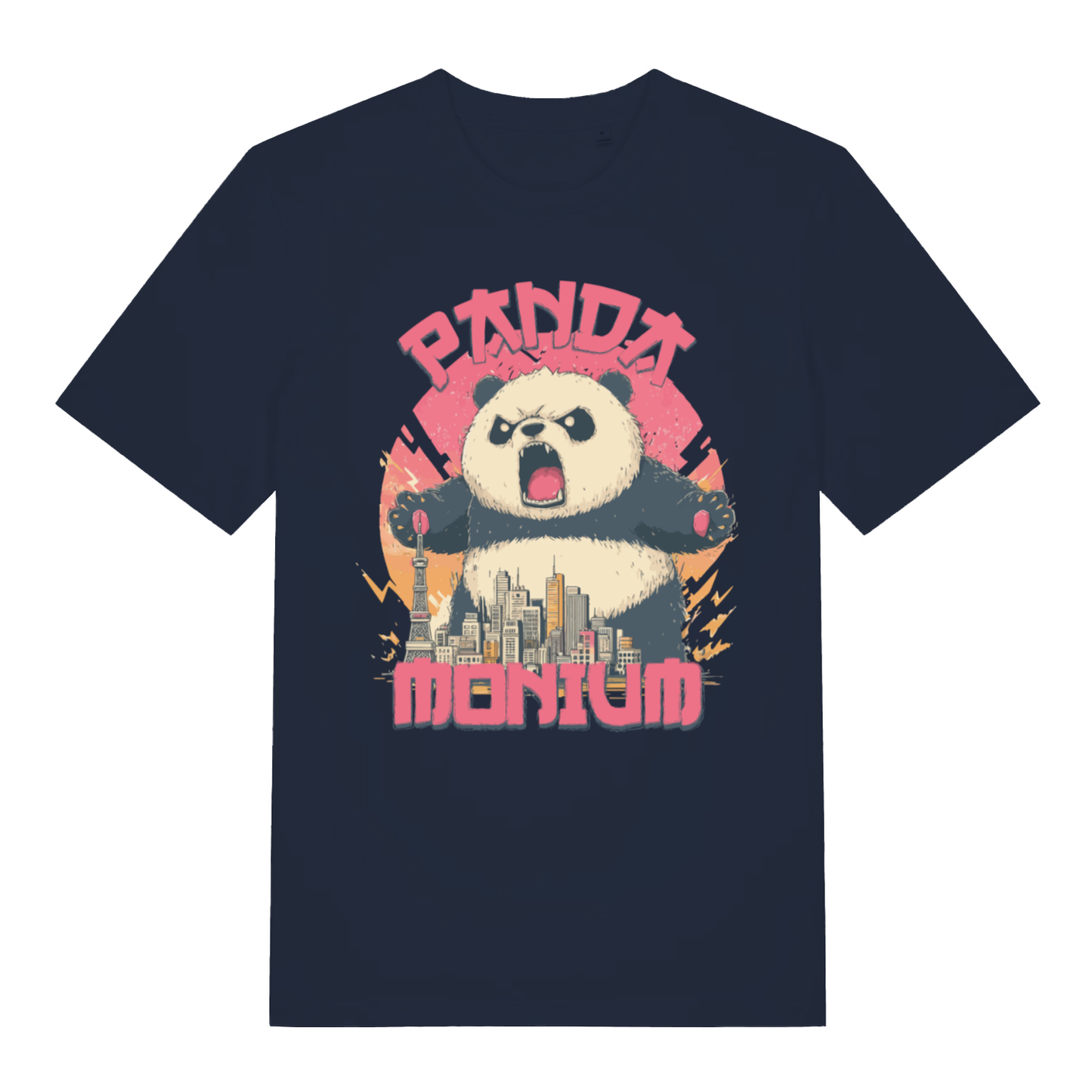 Navy Pandamonium funny animal graphic t-shirt showing roaring panda chaos  
