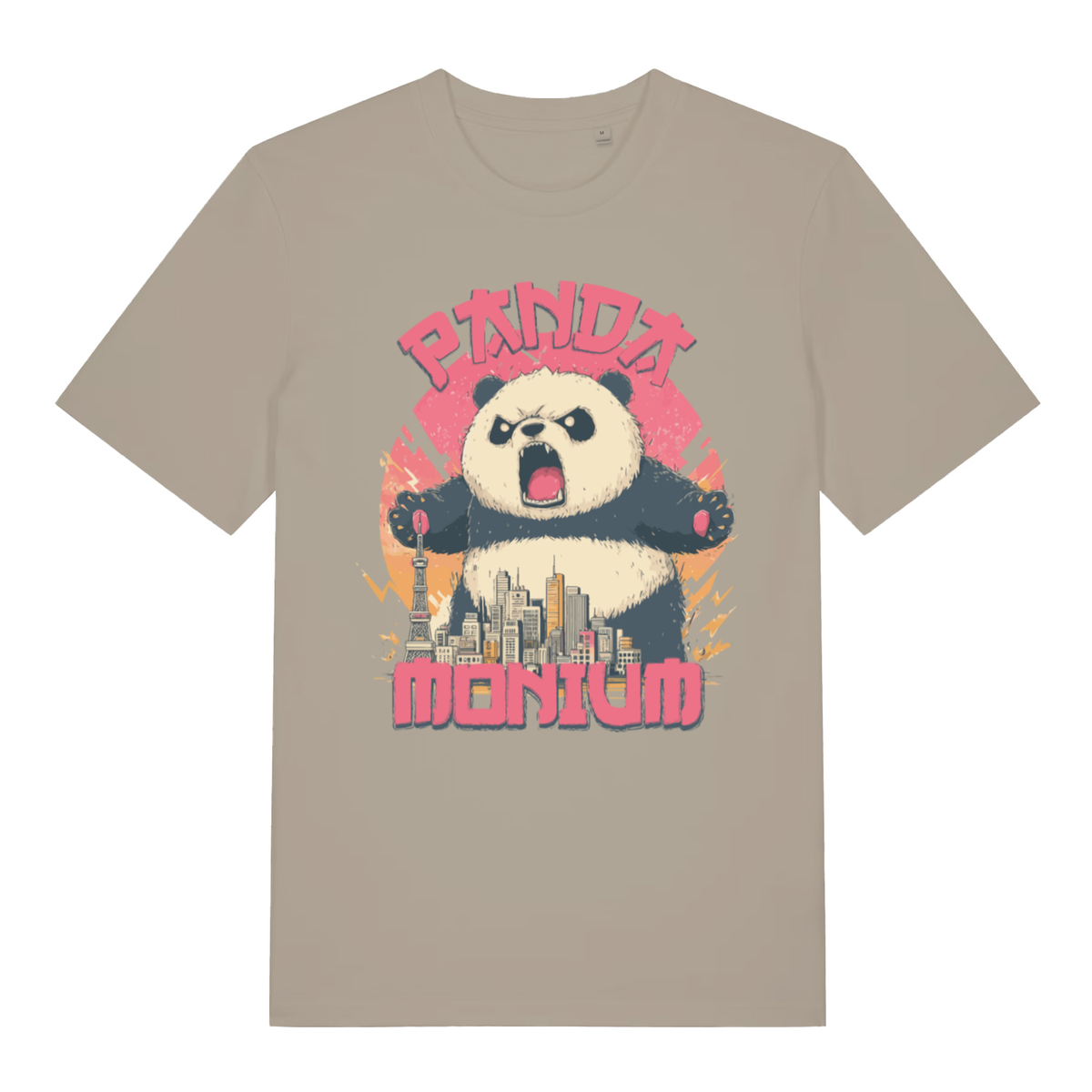 Beige Pandamonium funny animal graphic t-shirt with roaring city-smashing panda  