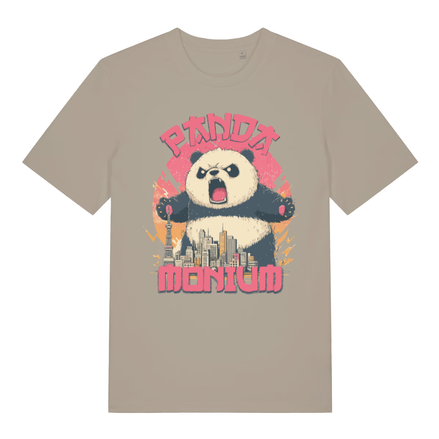 Beige Pandamonium funny animal graphic t-shirt with roaring city-smashing panda  
