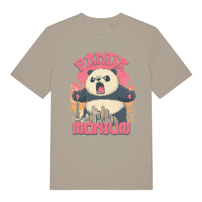 Beige Pandamonium funny animal graphic t-shirt with roaring city-smashing panda  