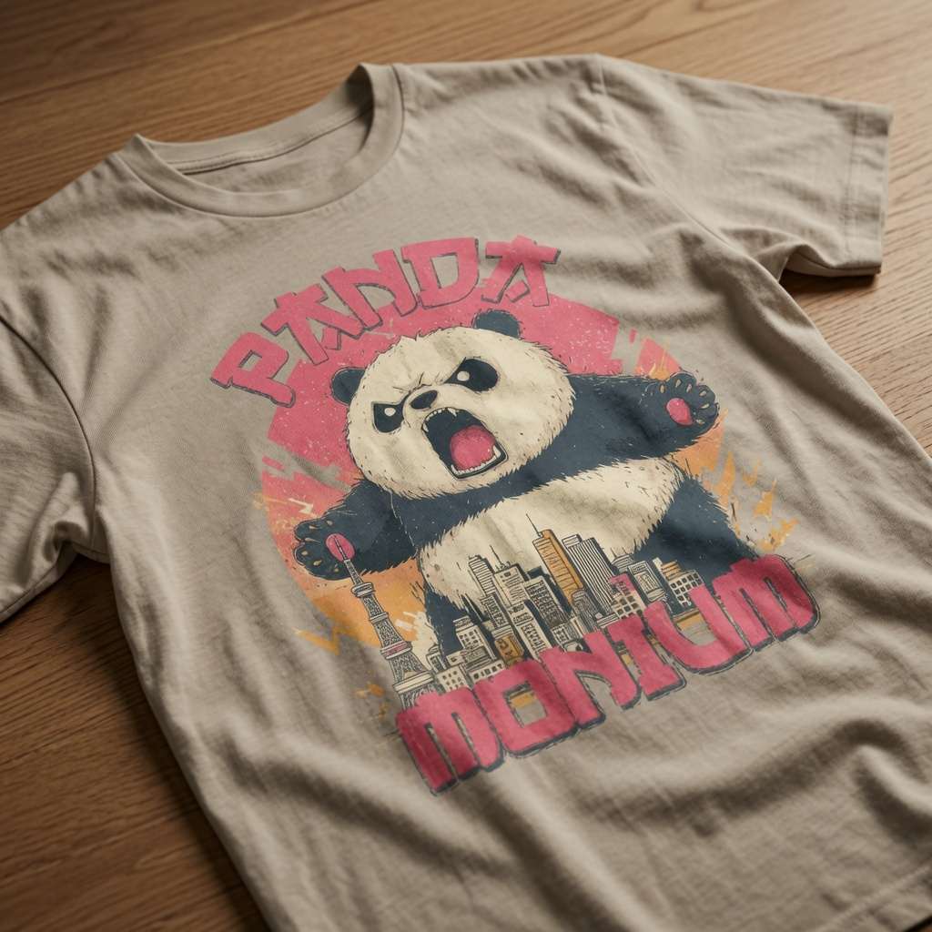 Beige Pandamonium t-shirt laid flat on a wooden surface showing the full angry panda destroying a city, funny cheeky animal pun graphic