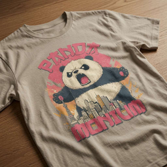 Beige Pandamonium t-shirt laid flat on a wooden surface showing the full angry panda destroying a city, funny cheeky animal pun graphic