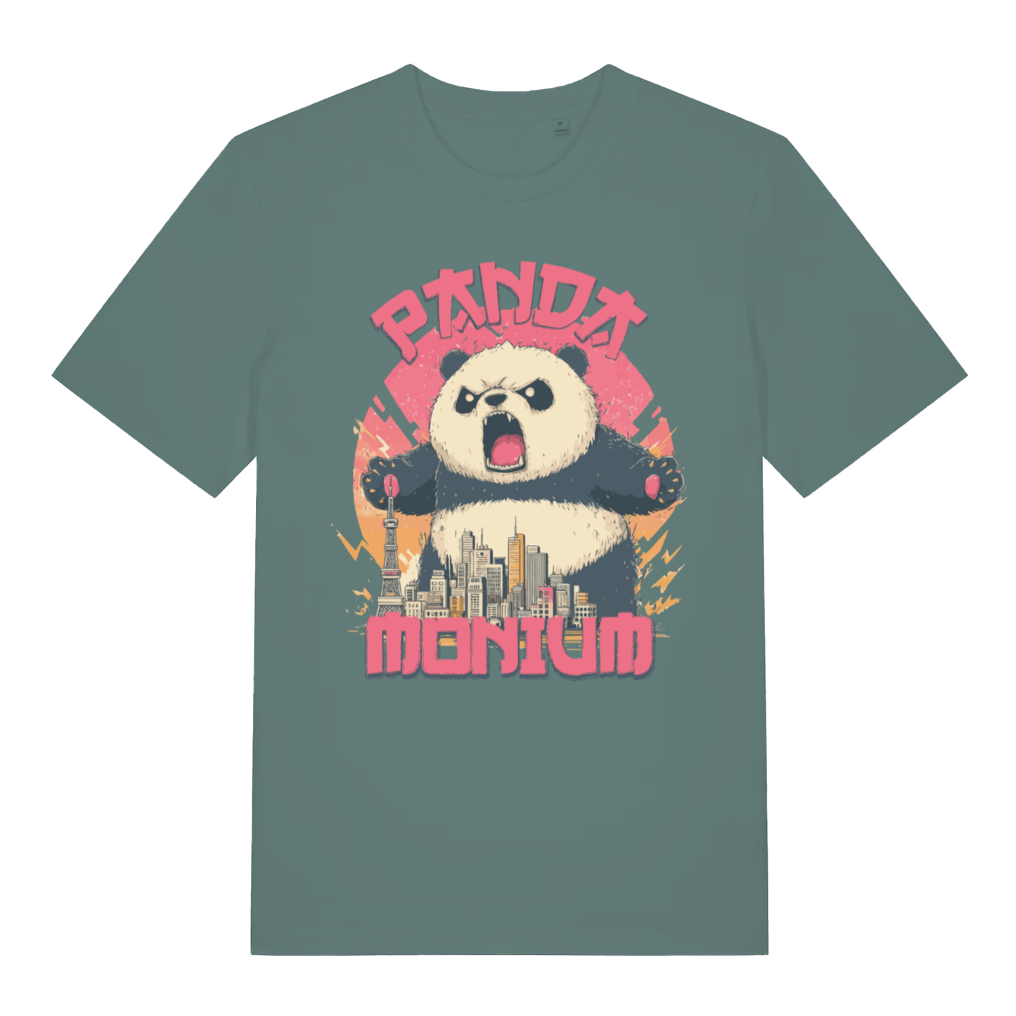 Green Pandamonium funny animal graphic t-shirt with witty panda destruction artwork  