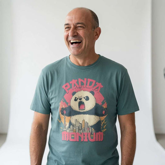 Bald man laughing heartily in a green bay Pandamonium t-shirt, fun and witty animal pun graphic that brings pure chaos energy