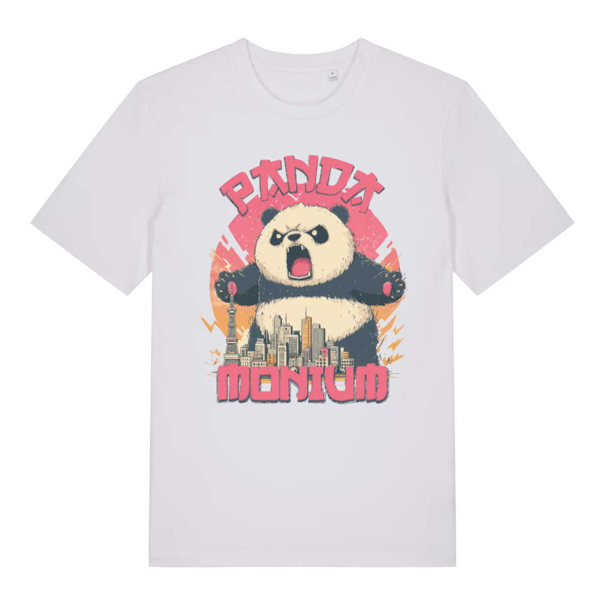 White Pandamonium funny animal graphic t-shirt with bold pink pandemonium lettering  