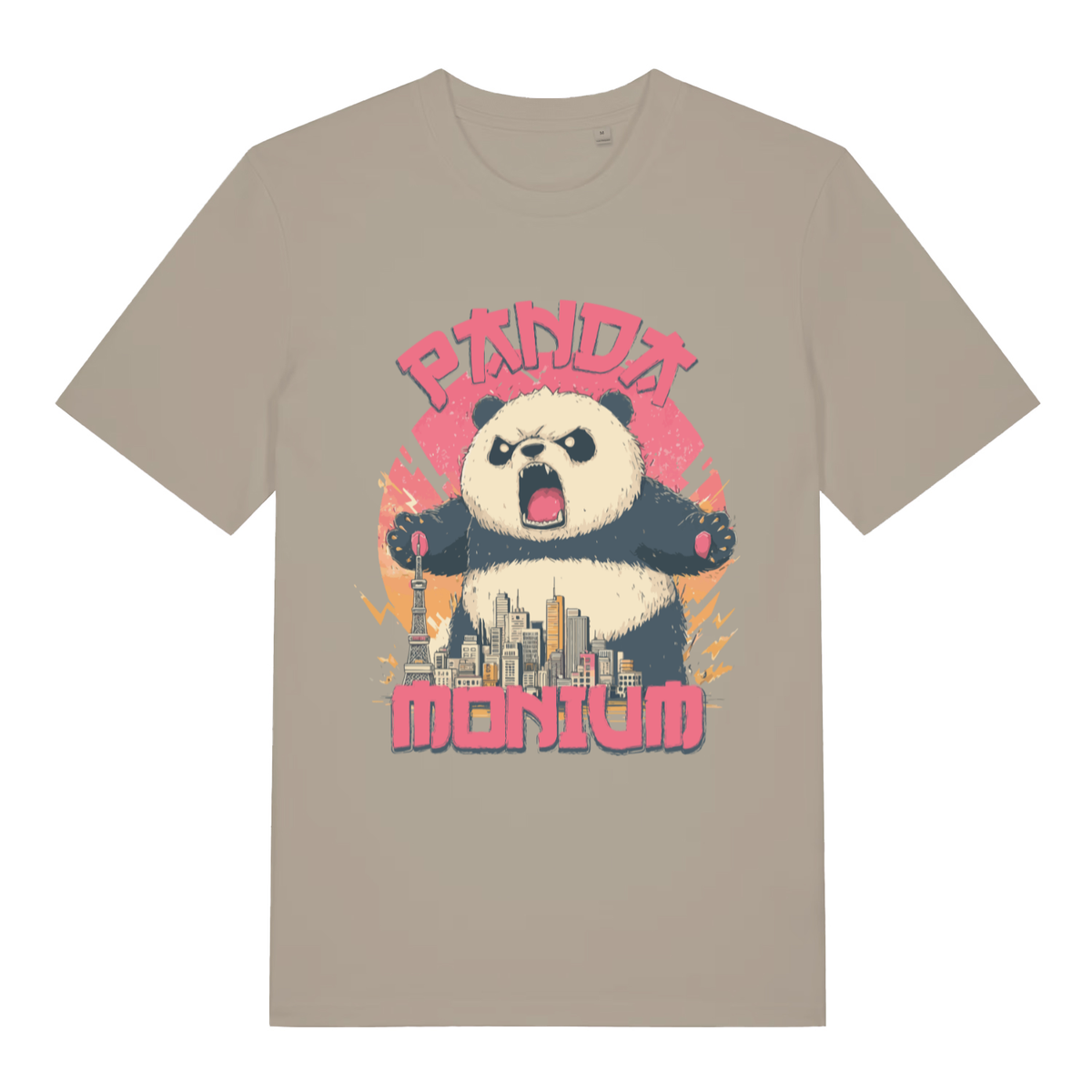 Beige Pandamonium funny animal graphic t-shirt with roaring city-smashing panda  