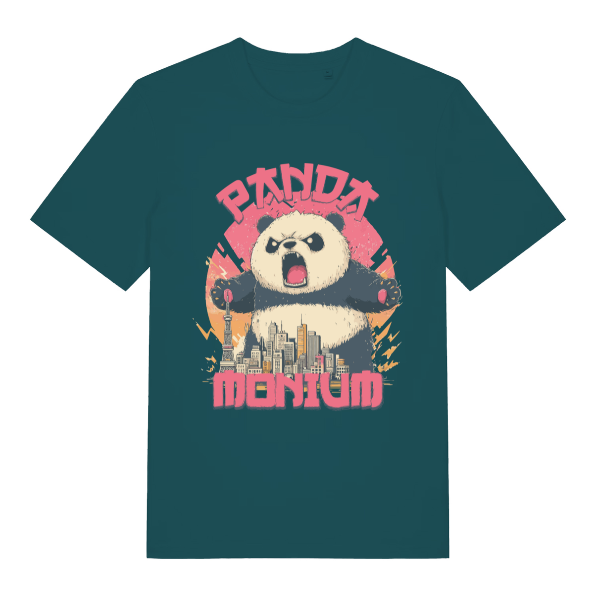 Green Pandamonium funny animal graphic t-shirt featuring chaotic panda design  