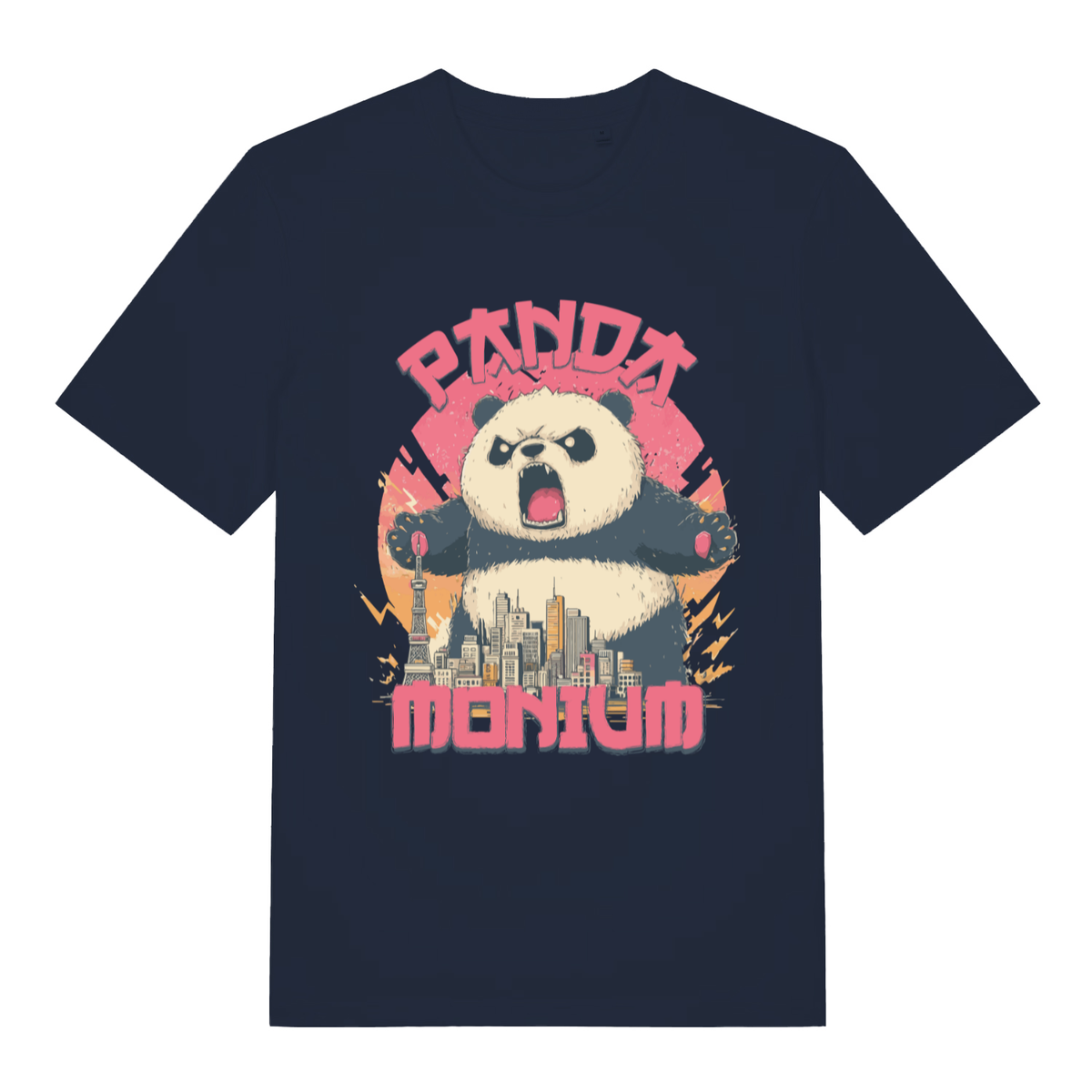 Navy Pandamonium funny animal graphic t-shirt with witty panda destruction artwork  