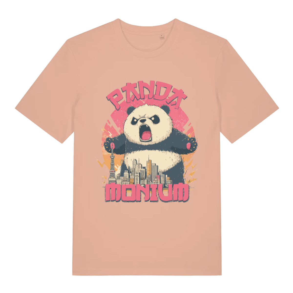 Peach Pandamonium funny animal graphic t-shirt showing roaring panda chaos  