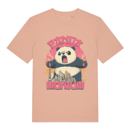Peach Pandamonium funny animal graphic t-shirt showing roaring panda chaos  