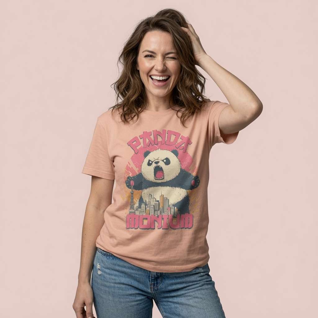 Woman laughing with one hand in her hair in a peach Pandamonium t-shirt, witty and funny animal pun design that brings pure pandamonium energy