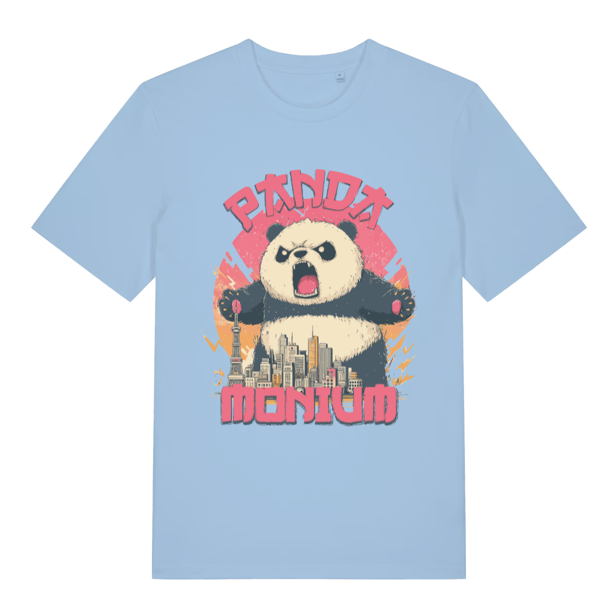 Sky blue Pandamonium funny animal graphic t-shirt with bold pink pandemonium lettering  