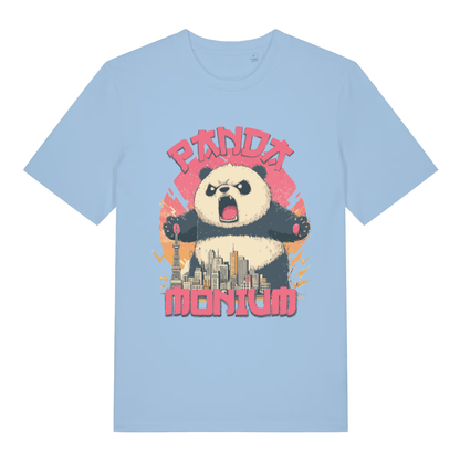 Sky blue Pandamonium funny animal graphic t-shirt with bold pink pandemonium lettering  