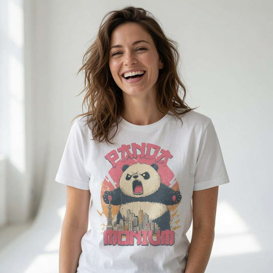 Woman laughing openly while wearing a white Pandamonium t-shirt featuring a roaring giant panda over a city skyline, funny angry kawaii panda graphic full of chaos