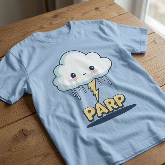 Pale blue Parp t-shirt laid flat on a wooden surface showing the full cute cloud and lightning design, fun kawaii cloud fart graphic