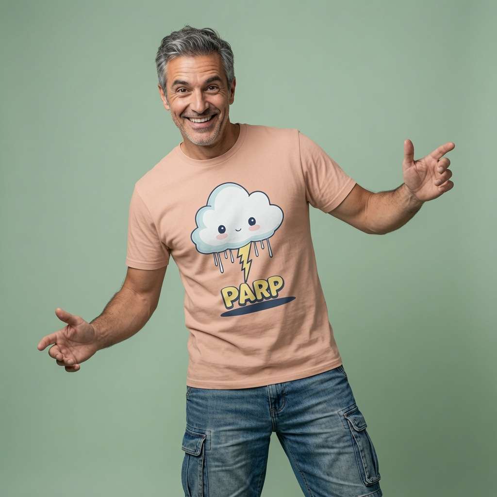 Grey-haired man smiling with arms outstretched while wearing a peach Parp t-shirt featuring a cute kawaii cloud with a lightning bolt, funny and cute cloud graphic design