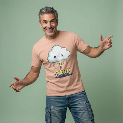 Grey-haired man smiling with arms outstretched while wearing a peach Parp t-shirt featuring a cute kawaii cloud with a lightning bolt, funny and cute cloud graphic design