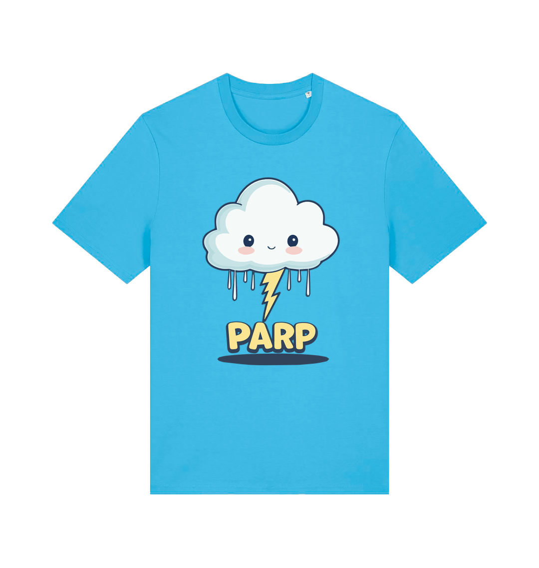 blue kawaii t-shirt with the graphic of a thunder cloud and the slogan 'parp'