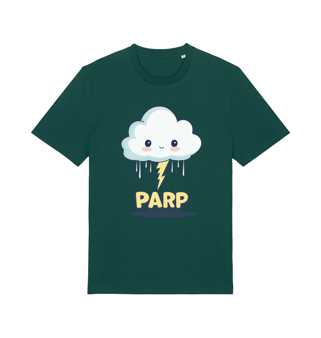 green kawaii t-shirt with the graphic of a thunder cloud and the slogan 'parp'