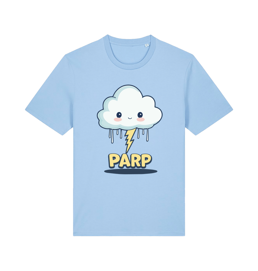 light blue kawaii t-shirt with the graphic of a thunder cloud and the slogan 'parp'