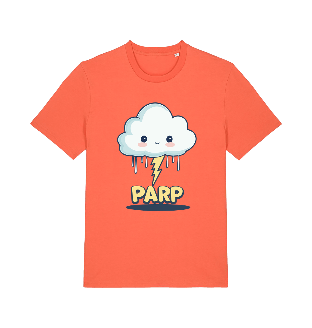orange kawaii t-shirt with the graphic of a thunder cloud and the slogan 'parp'