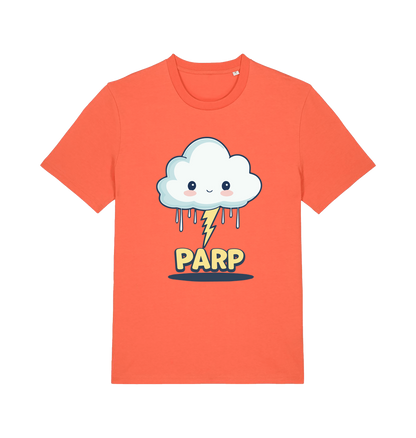 orange kawaii t-shirt with the graphic of a thunder cloud and the slogan 'parp'