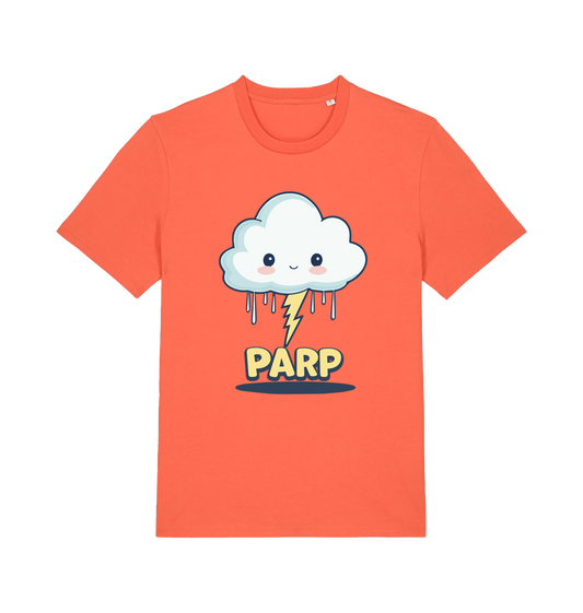 orange kawaii t-shirt with the graphic of a thunder cloud and the slogan 'parp'