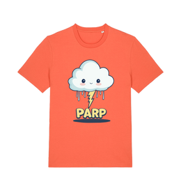 orange kawaii t-shirt with the graphic of a thunder cloud and the slogan 'parp'