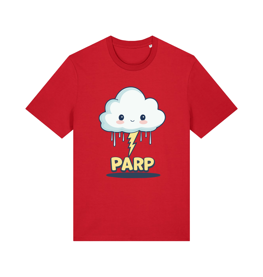 red kawaii t-shirt with the graphic of a thunder cloud and the slogan 'parp'