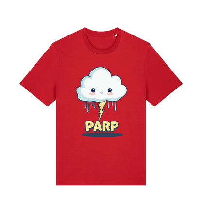 red kawaii t-shirt with the graphic of a thunder cloud and the slogan 'parp'