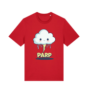 red kawaii t-shirt with the graphic of a thunder cloud and the slogan 'parp'