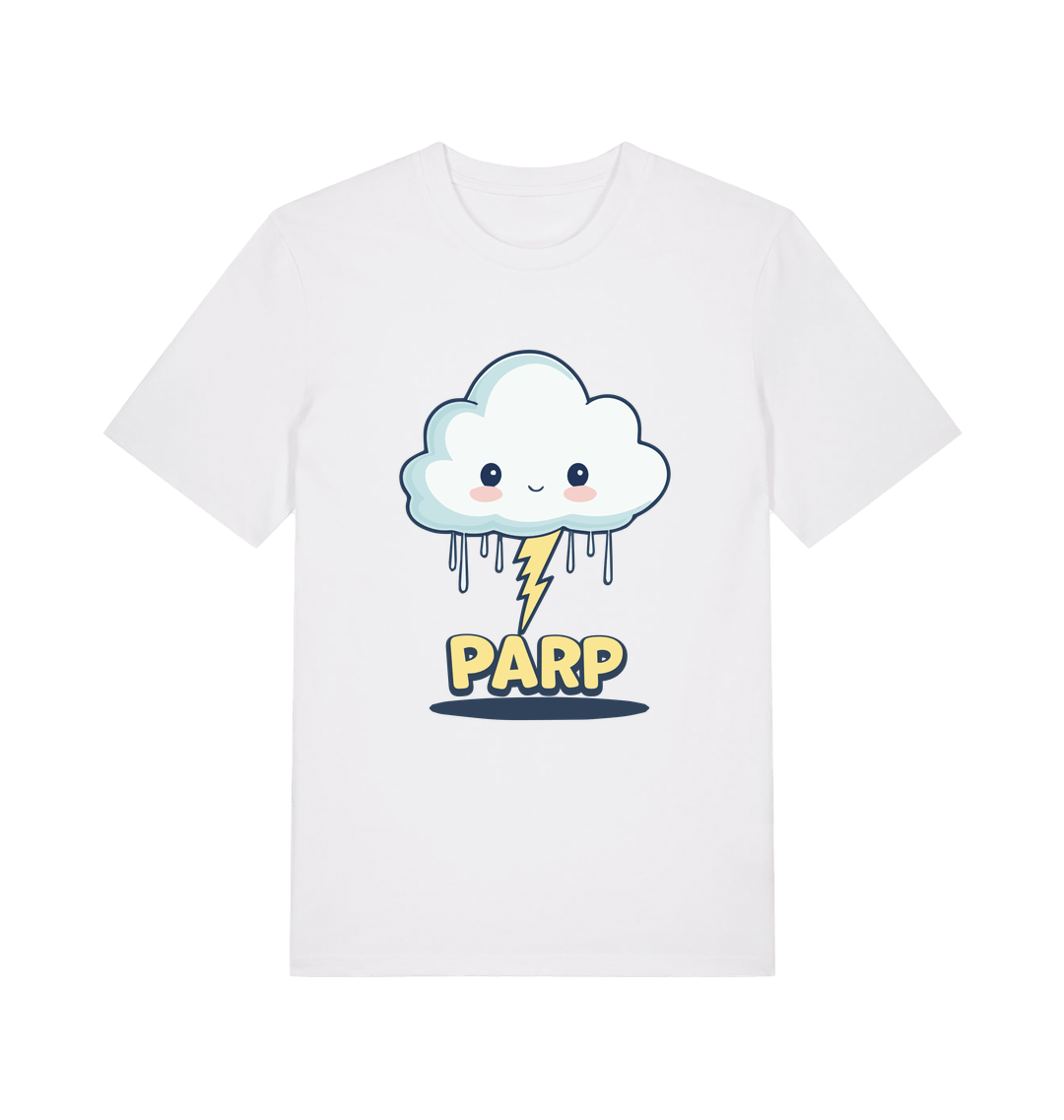 white kawaii t-shirt with the graphic of a thunder cloud and the slogan 'parp'