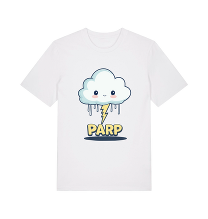 white kawaii t-shirt with the graphic of a thunder cloud and the slogan 'parp'