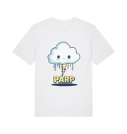 white kawaii t-shirt with the graphic of a thunder cloud and the slogan 'parp'