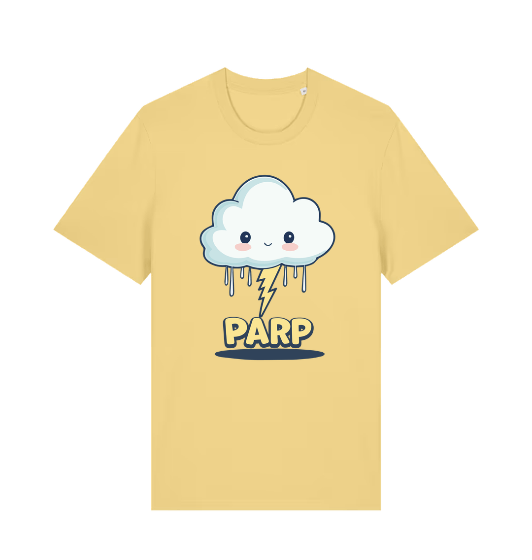 yellow kawaii t-shirt with the graphic of a thunder cloud and the slogan 'parp'