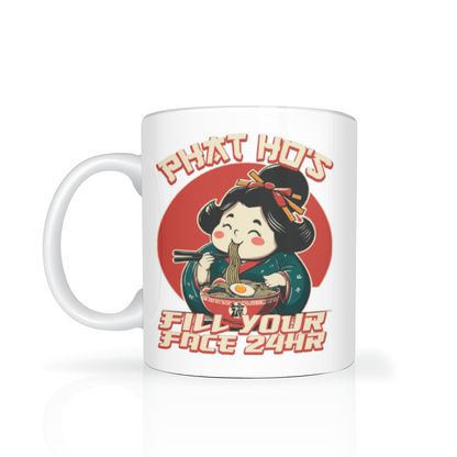 White ceramic mug featuring a cheerful illustrated girl eating noodles, with “Phat Hos” and “Fill Your Face 24/7” text in bold red and cream.