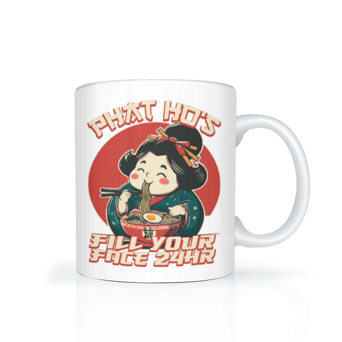 A white mug features a cheerful cartoon woman eating noodles, with “That Hot” and “Fill Your Face 24HR” text; playful retro design.