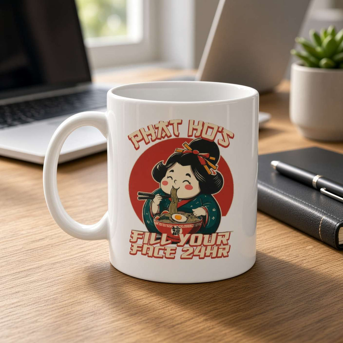 White “Phat Ho's” mug with a cartoon woman eating noodles and the slogan “Fill Your Face 24/7,” on a sunlit desk beside a laptop and notebook; playful, cozy mood.
