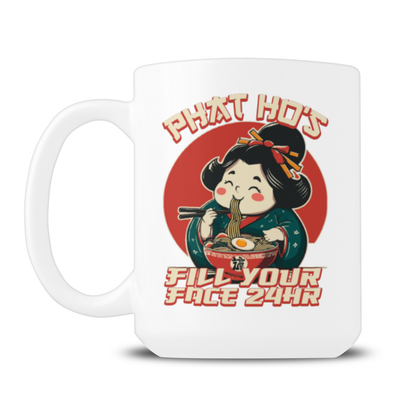 White ceramic mug with a wide handle, featuring a cheerful girl eating noodles, a red circle, and retro text reading “Phat Hos” and “Fill Your Face 24/7”; playful, upbeat design.