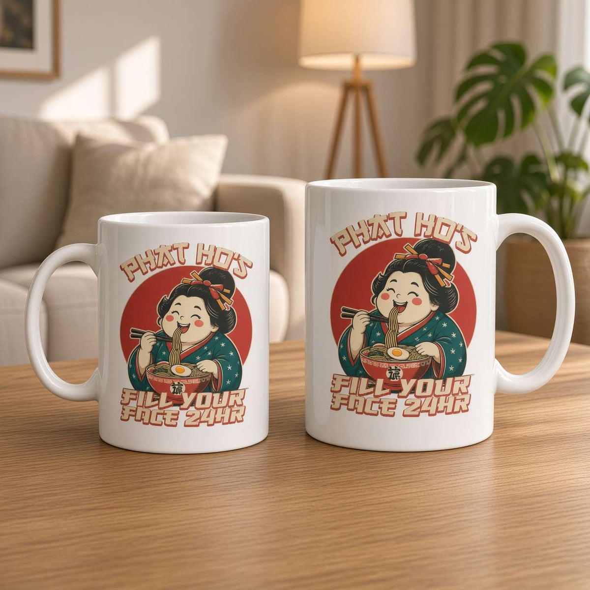 Two white ceramic mugs on a wooden table display retro artwork of a woman eating noodles and the slogan “Phat Hots Fill Your Face.” A cozy living room setting feels warm and inviting.