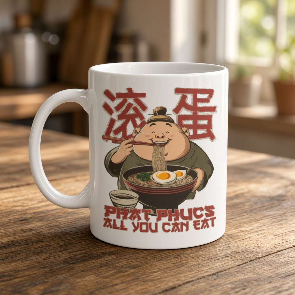 A white ceramic mug on a rustic wooden table shows a cheerful cartoon diner slurping noodles, with red Chinese characters and “Phat Phucs, all you can eat,” evoking a playful, cozy mood.