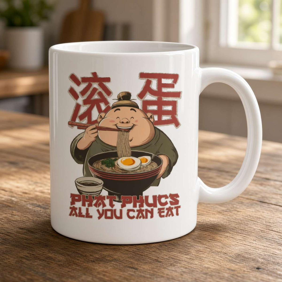 White ceramic mug on a wooden table, printed with a cheerful cartoon man eating pho, red Asian characters, and “Phat Phuc’s All You Can Eat”; warm, playful mood.