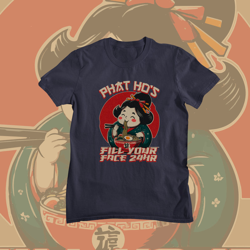 Navy blue funny t-shirt with a Chinese inspired graphic design on a colorful background 