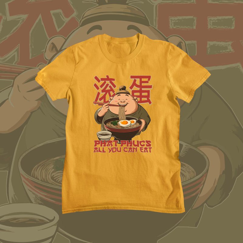 Yellow t-shirt with a funny graphic design of a character eating noodles and text on a decorative background.