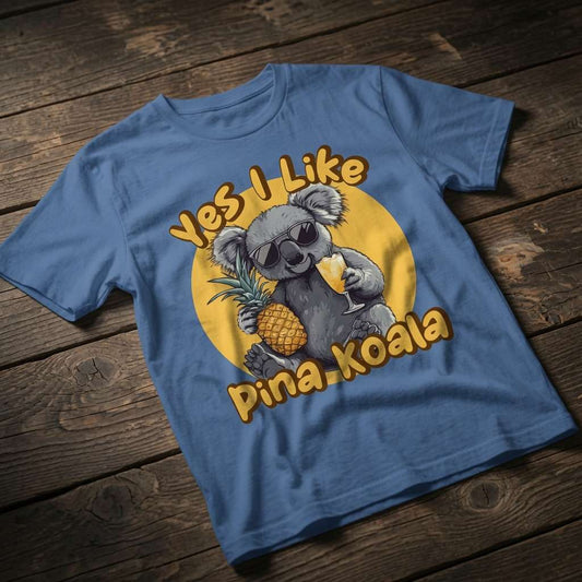 Blue Yes I Like Pina Koala t-shirt laid flat on a wooden surface showing the full cool koala graphic, mens fun and witty humorous animal pun design