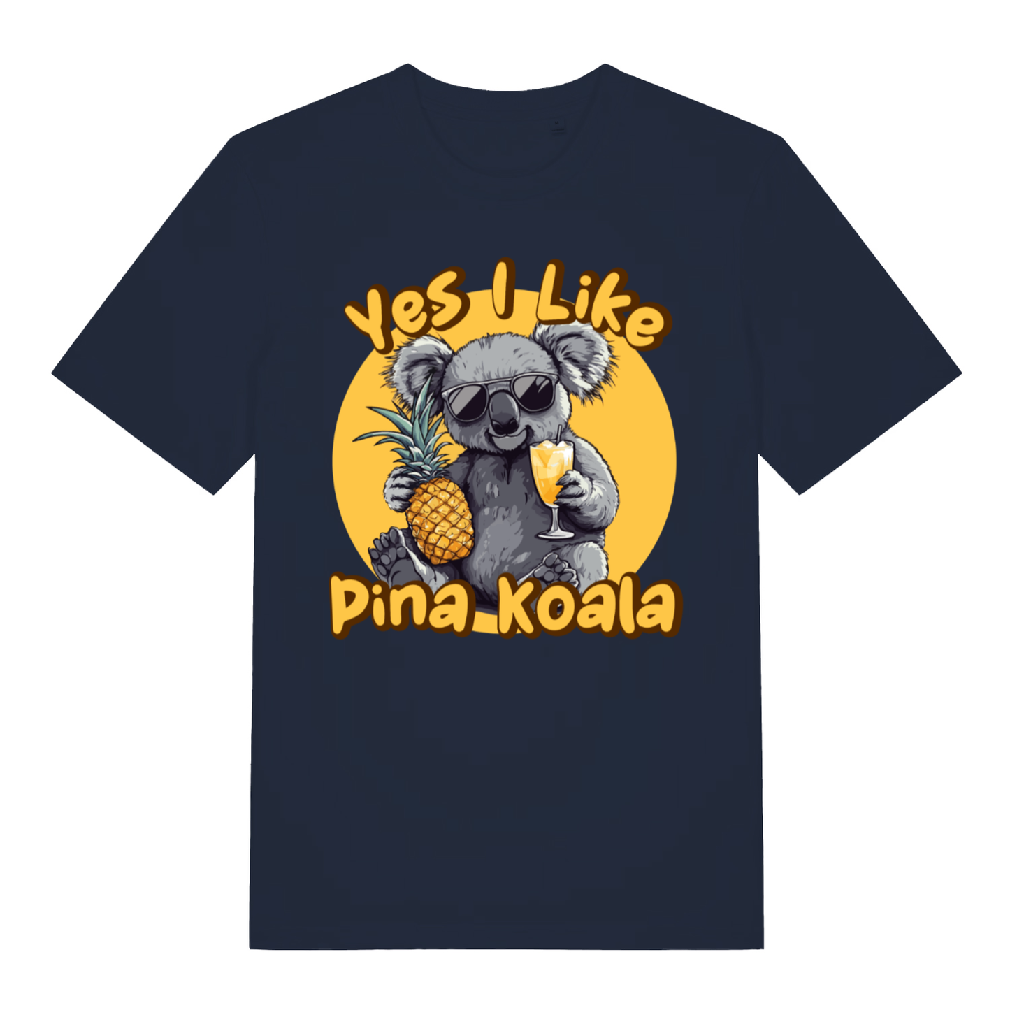 Navy Pina Koala funny graphic t-shirt with bold Yes I Like Pina Koala lettering  