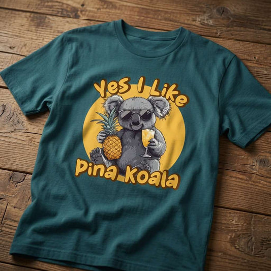 Teal green Yes I Like Pina Koala t-shirt laid flat on a wooden surface showing the full cool koala graphic, funny and witty animal pun design for women