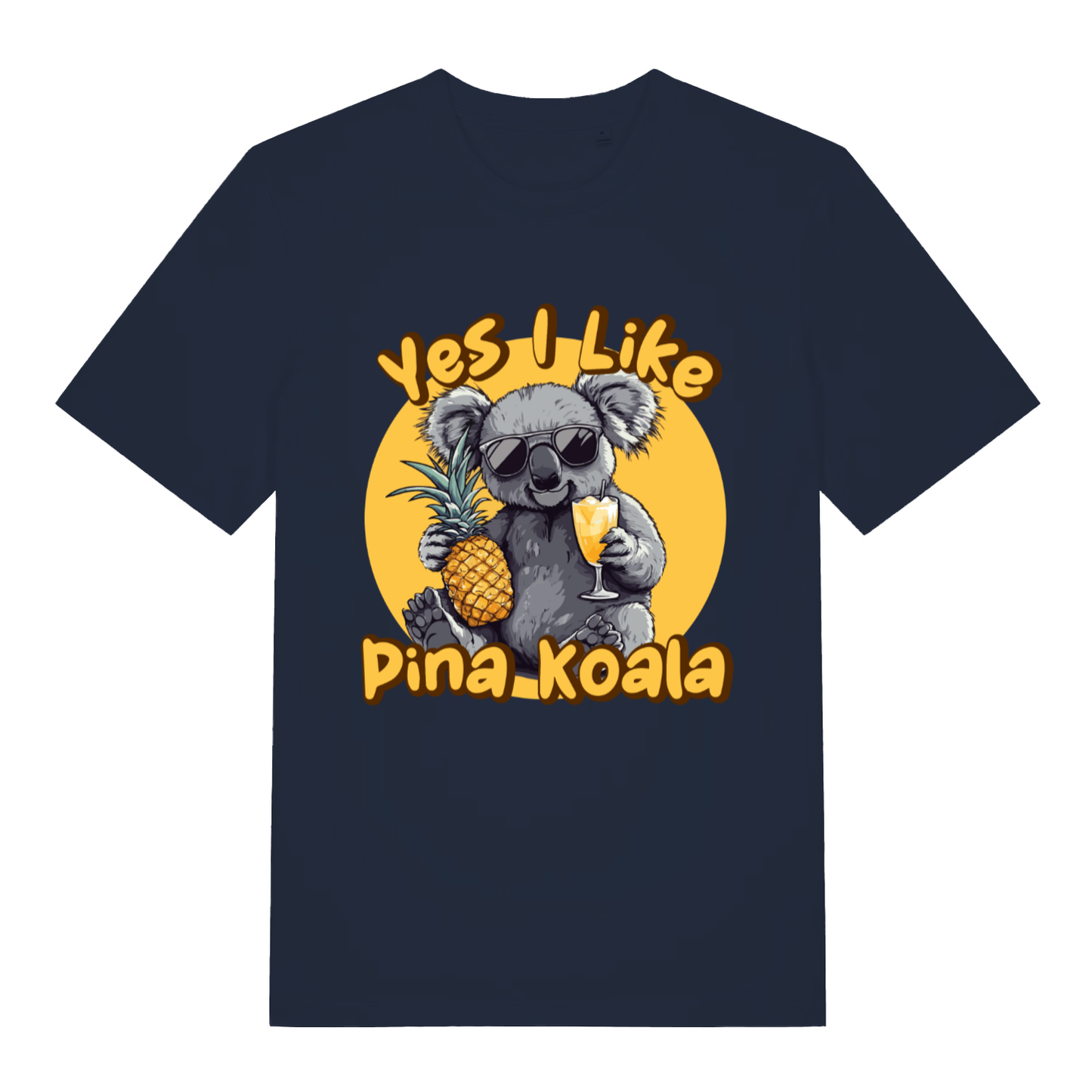 Navy Pina Koala funny graphic t-shirt showing witty tropical animal graphic  